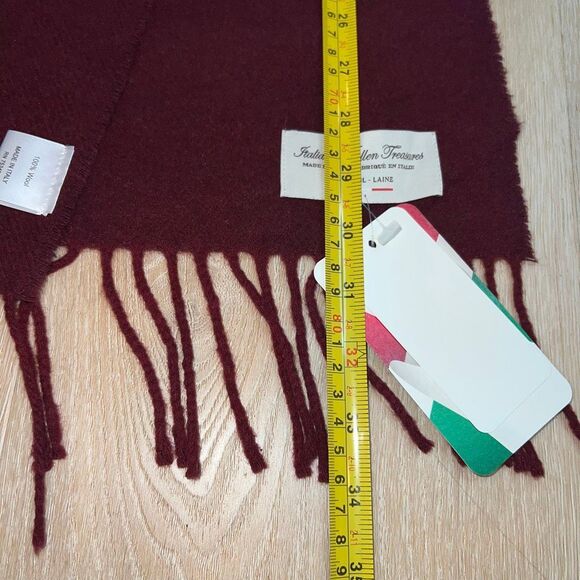 Italian Woollen Treasures, 100% Wool Made in Italy Fringed Scarf Burgundy - Picture 7 of 10